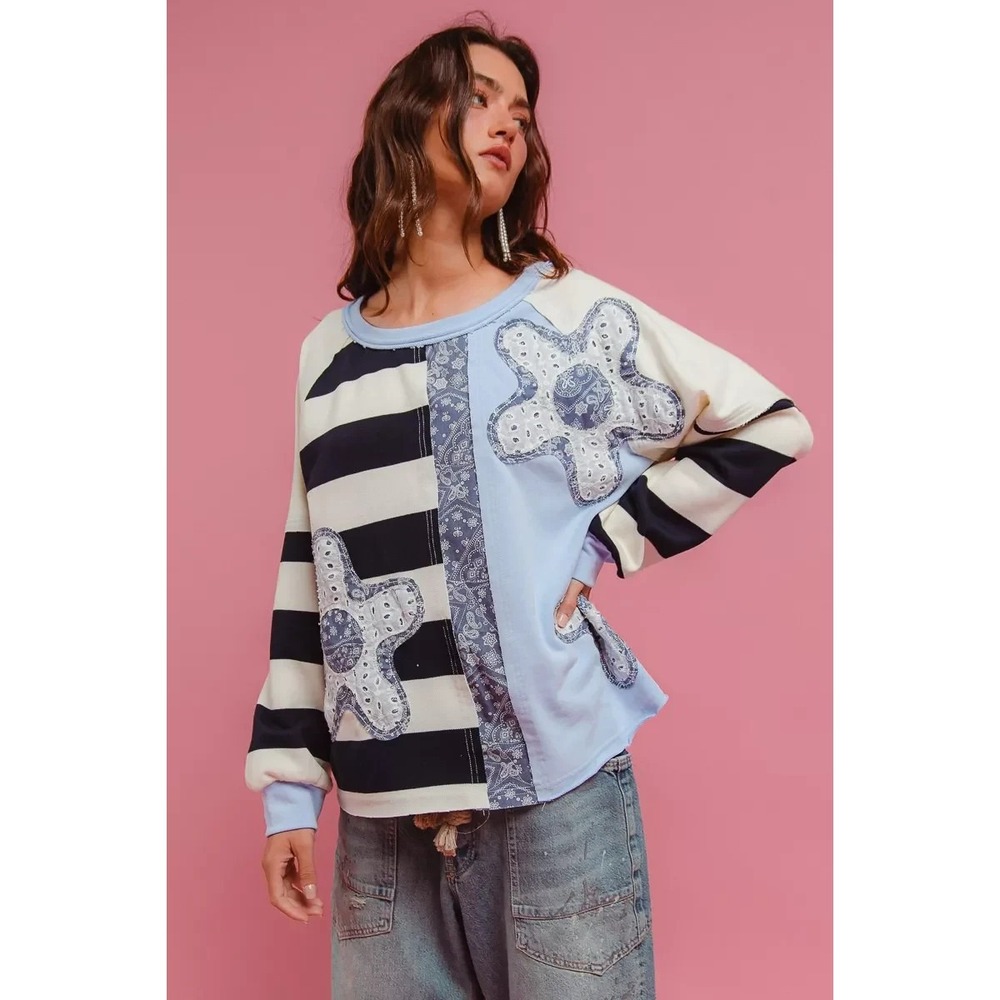 BiBi Boho Patchwork Striped Round Neck Sweatshirt Floral Embroidered
